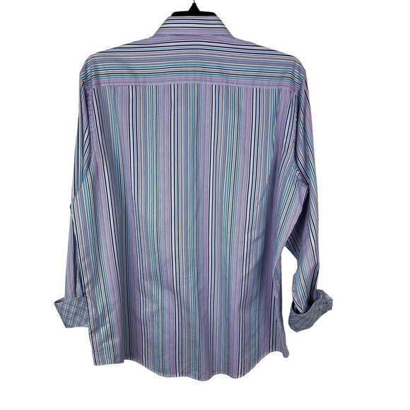 Men’s Bugatchi Uomo Flip Cuff Classic Fit Button Shirt Long Sleeves Striped Blue - Picture 10 of 12